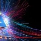 AI word on microchip and colorful light spread with strong beam , AI concept with copyspace banner background, Generative AI.