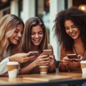 Group of young women having fun sharing media with an cellphone.