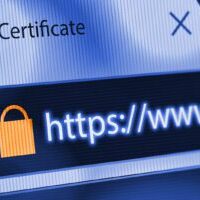 Close-up of a browser window showing lock icon during SSL connection