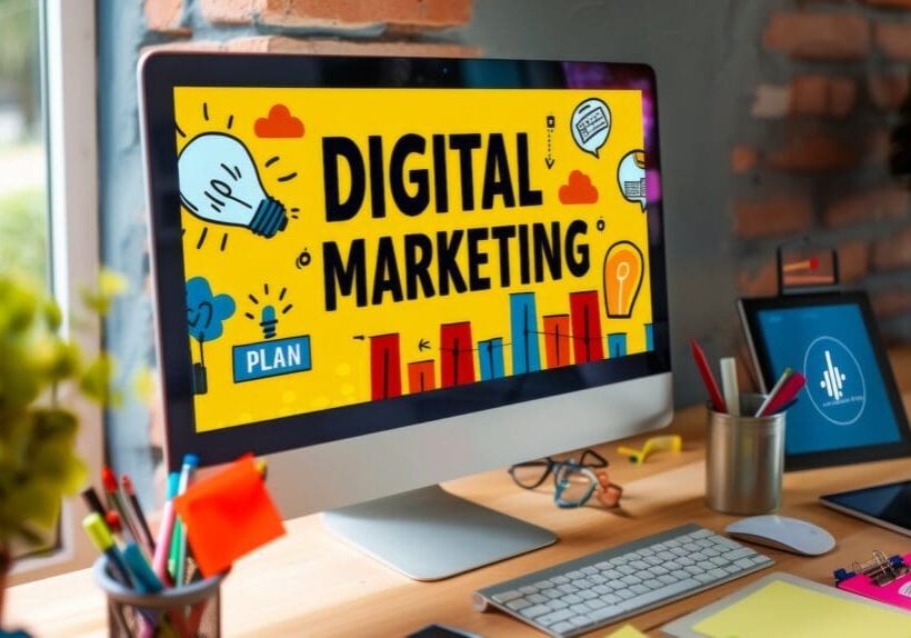Desktop computer showing graphic that says digital marketing | website design and digital marketing