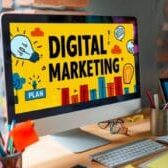 Desktop computer showing graphic that says digital marketing | website design and digital marketing